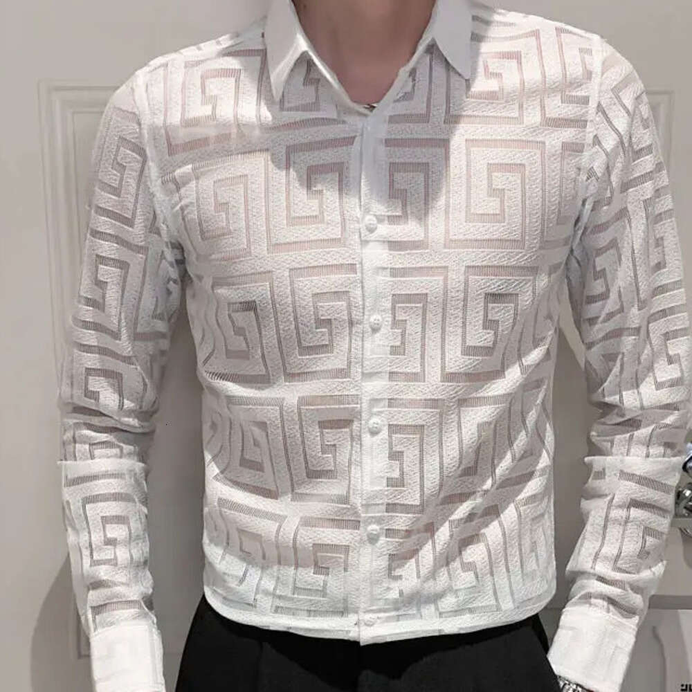 Men's Clothing Spring And Autumn Hollow Long-Sleeved Shirts Fashion Brand Handsome Lapel Printed Top