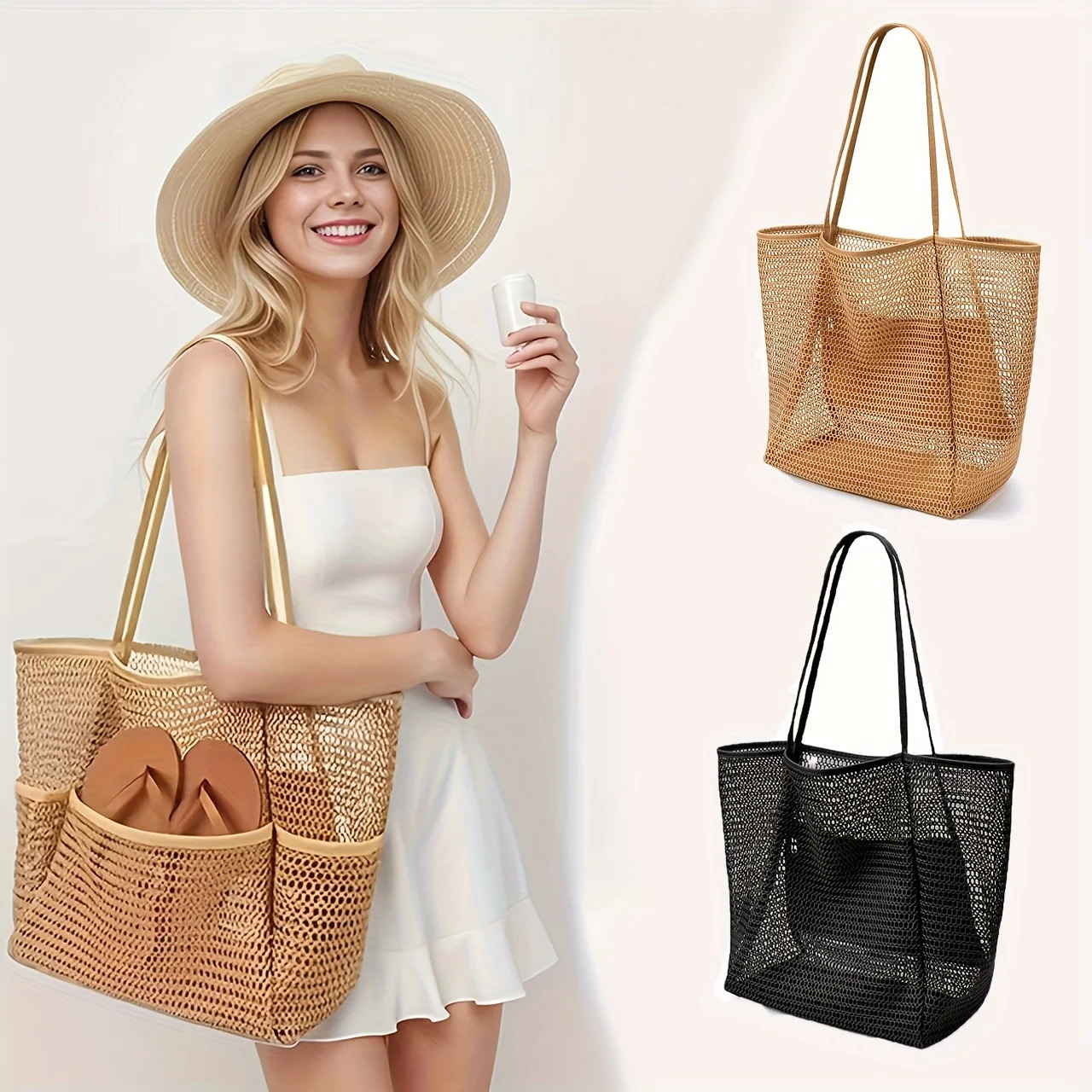 Womens Large Capacity Beach Tote Bag - Durable Polyester Woven Shoulder Bag with Open Top for Travel Shopping 260303