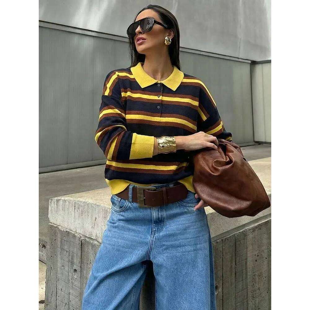 HH Women Trend Casual Striped Knitted Pullover Lapel Long Sleeve Sweater Shirt Spring Fashion High Street Lady Chic Tops XJ260305