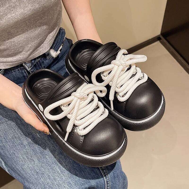 2025 DIY Laceup Platform Slippers For Women Home Street Garden Shoes Thick Sole Fashion Clogs Girls Summer Sandals Beach Slides