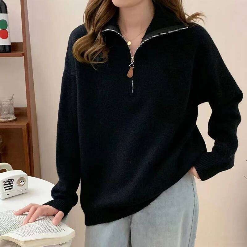 Korean Half Zip-Up Sweater Women Retro Loose Sporty Knitted Pullover ladies Autumn Winter thicken warm Long Sleeve knit Jumpers XJ260305