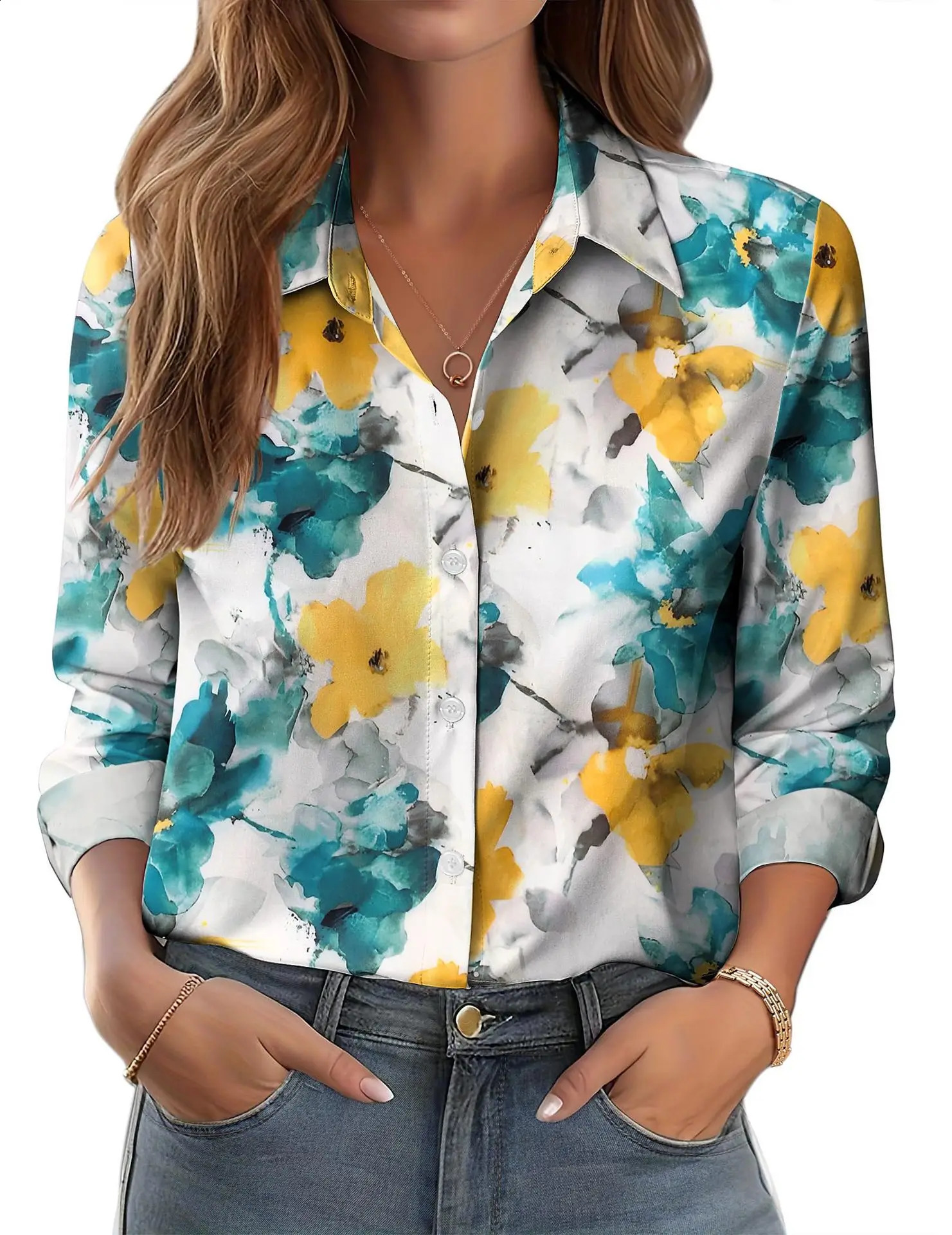 Spring Womens Red LongSleeve Printed Shirt Blue SingleBreasted Collared Shirts 2026 Collection 260228
