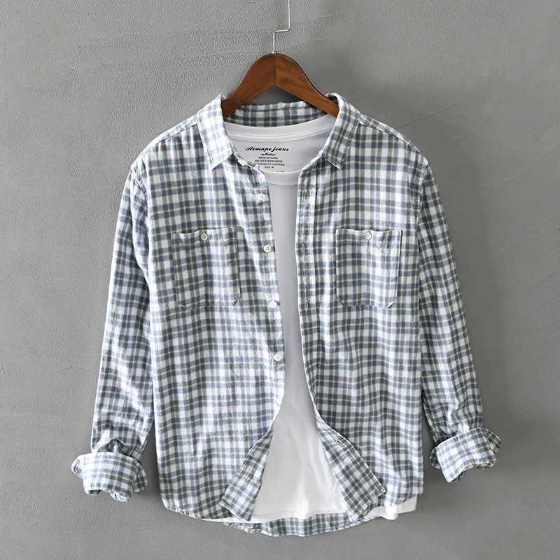2026 Spring Autumn New Men Shirts Casual Plaid Long Sleeve Cotton Shirt Thick Retro Multi-pocket Blue Workwear M260305