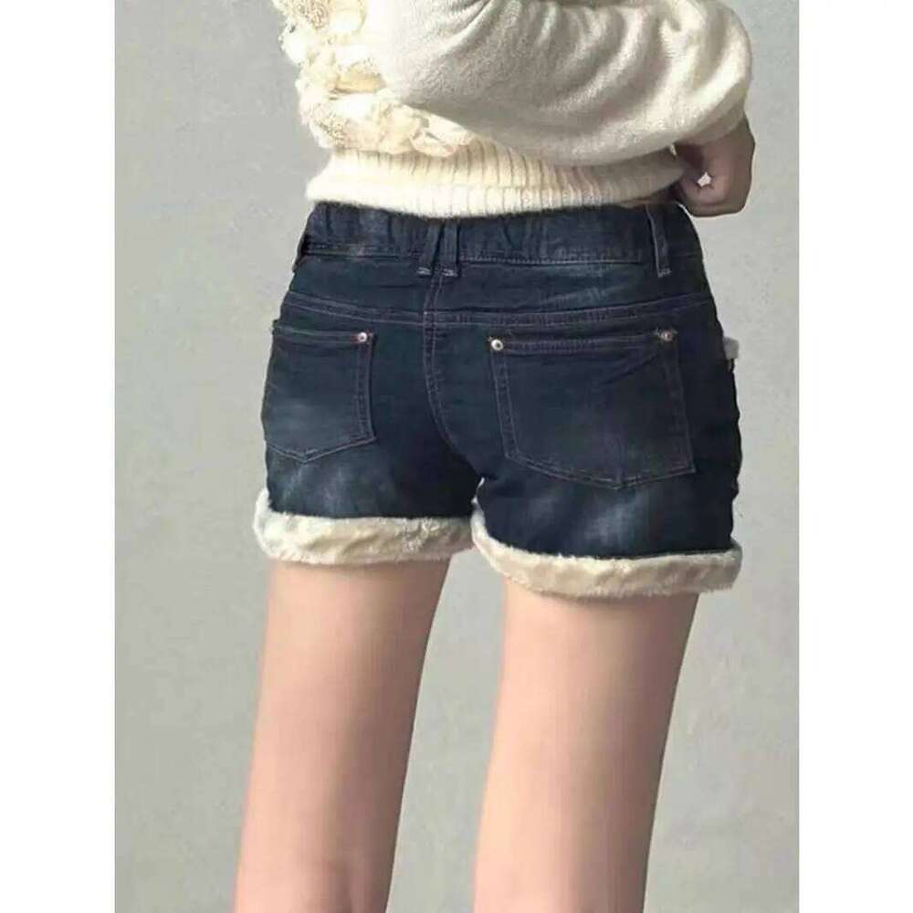 Y2k Spice Girls Washed Retro Plush Fluff Splicing Jeans Shorts Women's Straight Skinny Wide Legs Hot Pants XJ260305