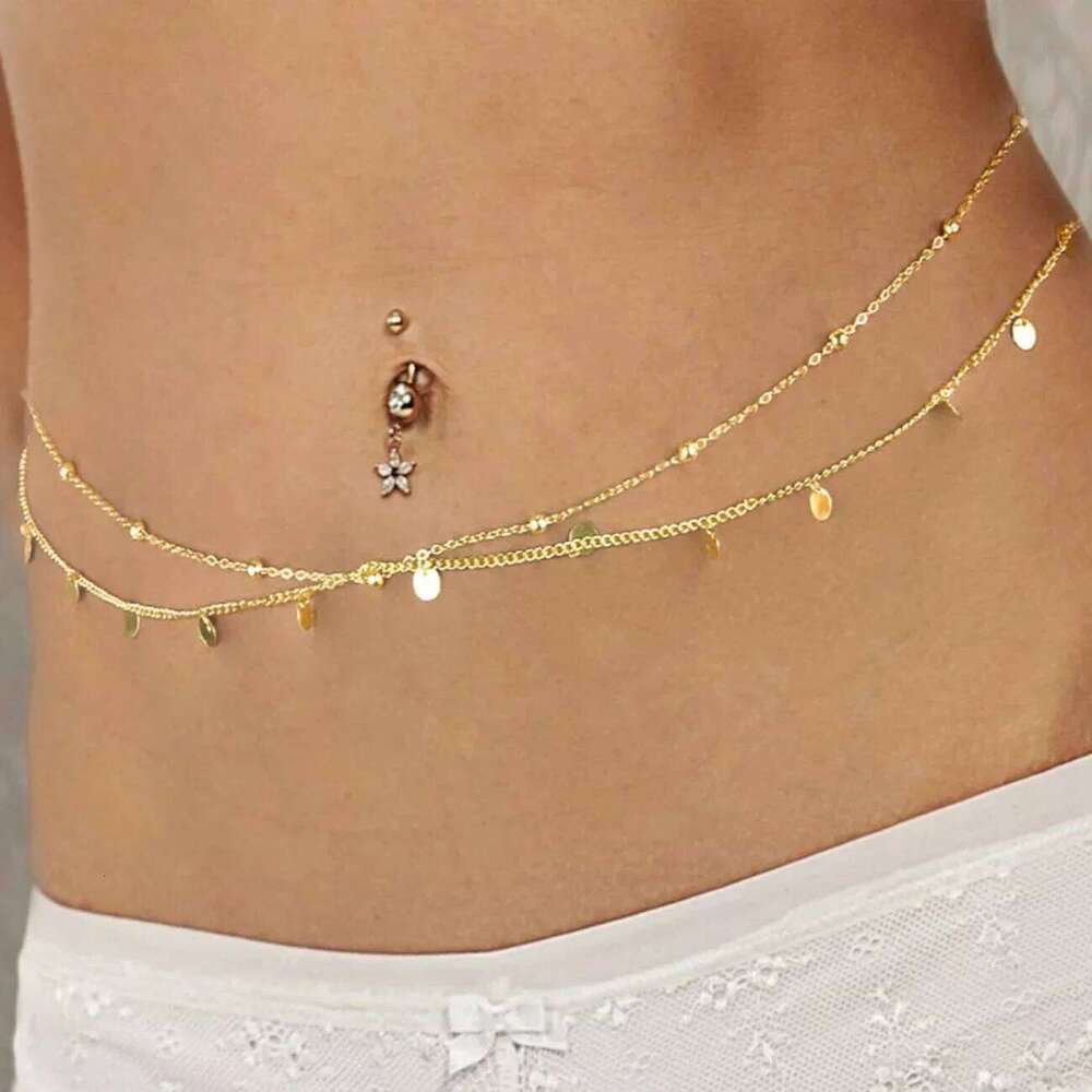 Summer Beach Chai Fashionable Round Bead Gold Sequin Tassel Double-layer Waist Vacation Style Sexy Body Chain S260304