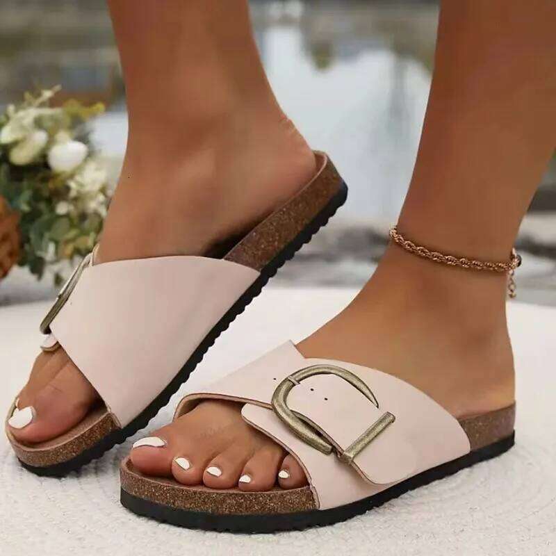 Kidmi 2025 Cork Sole Women Single Buckle Flip Flops Open Toe Beach Sandals Leisure Fashion House Slippers