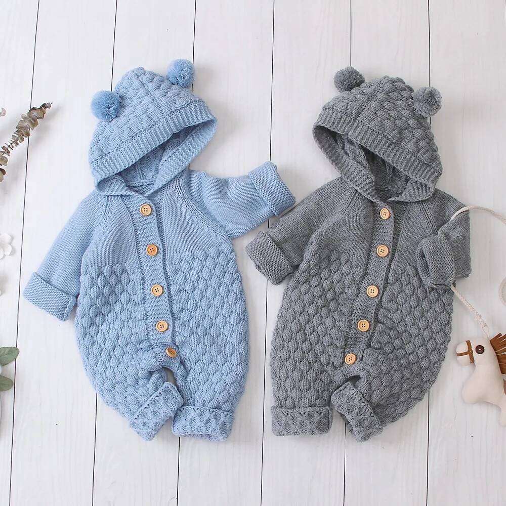 2020 Autumn Winter Newborn Sweater Baby Boy Girl Clothes Romper Bear Ear Knit Hooded Jumpsuit Outfit Clothing Z260304