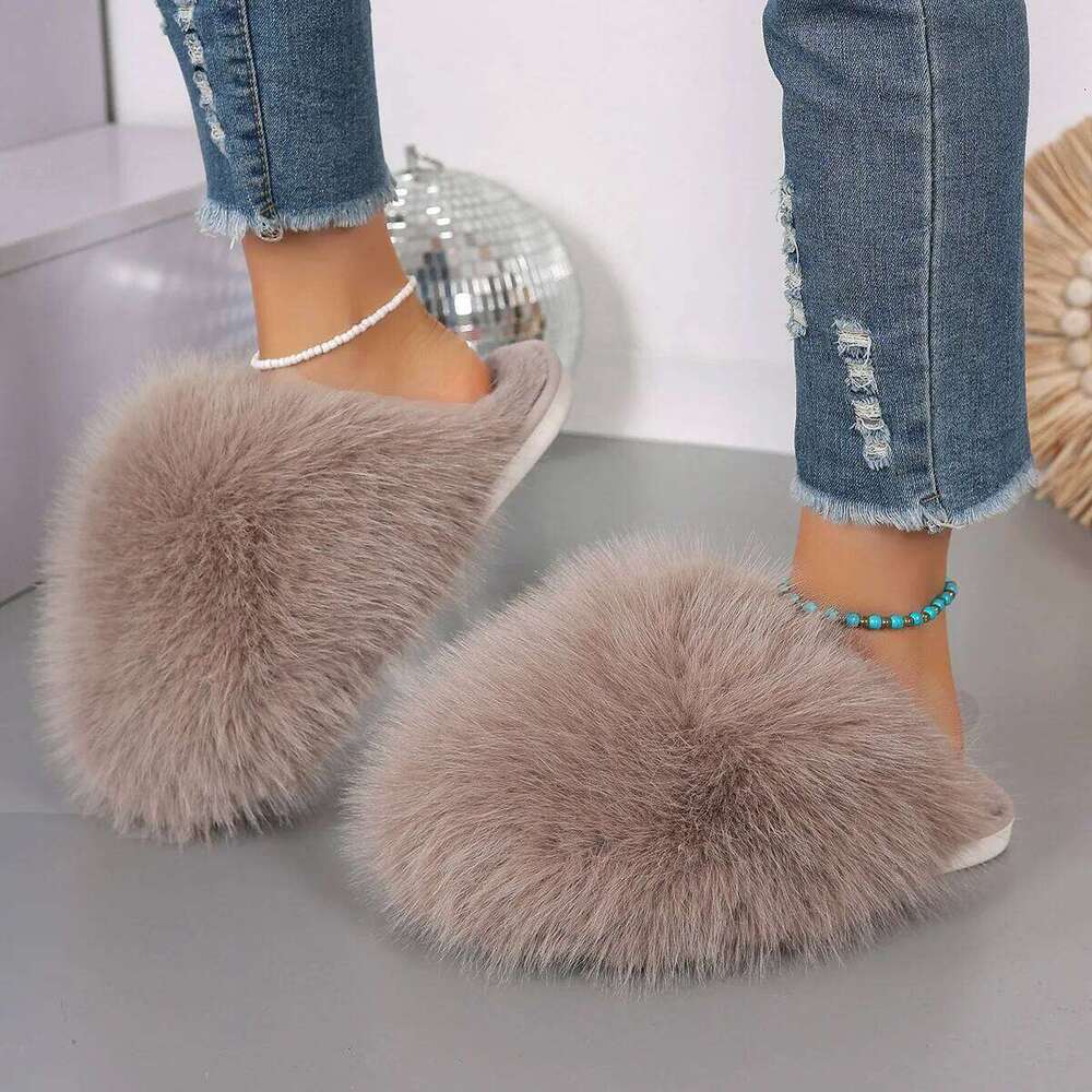 Faux Fur Fluffy Slippers For Women Indoor Street Slides Solid Color Warm Plush Girls Fashion House Shoes Anti-slip Big Size 42