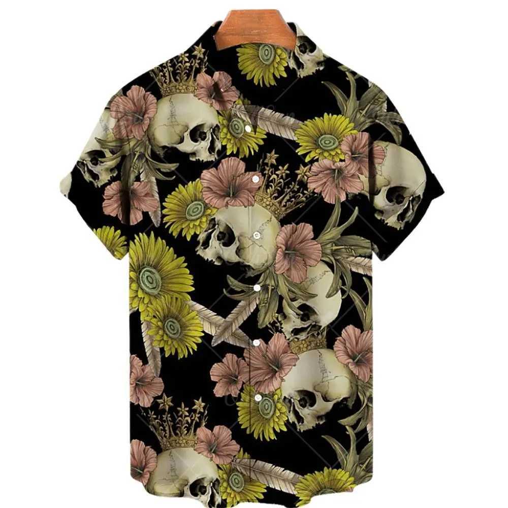 2024 Fashion Mens Short Sleeve 3d Skull Print Hawaiian Shirts Summer Casual Tops Beach Shirts For Men 5xl Mens V-neck Shirt M260305