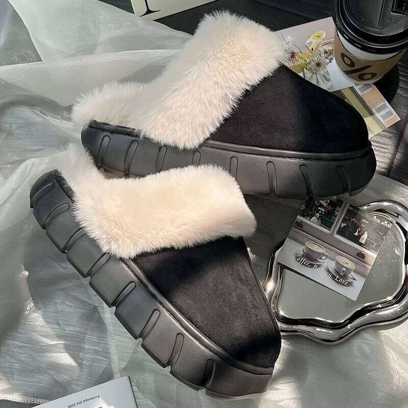 Women Indoor Fluffy Slippers Winter Warm Shoes Soft Faux Fur Thick Sole Light Weight Anti-slip Couples Home Floor Slipper