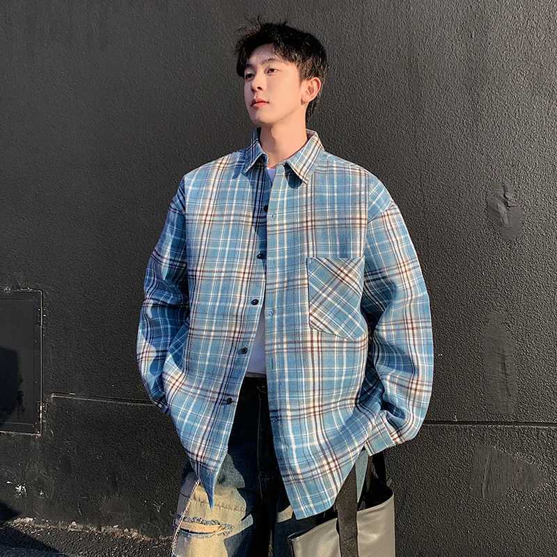 2026 Streetwear Men Plaid Long Sleeve Shirt Spring Autumn Fashion Versatile Outerwear Coat Male American Retro Lapel Shirts Man M260305