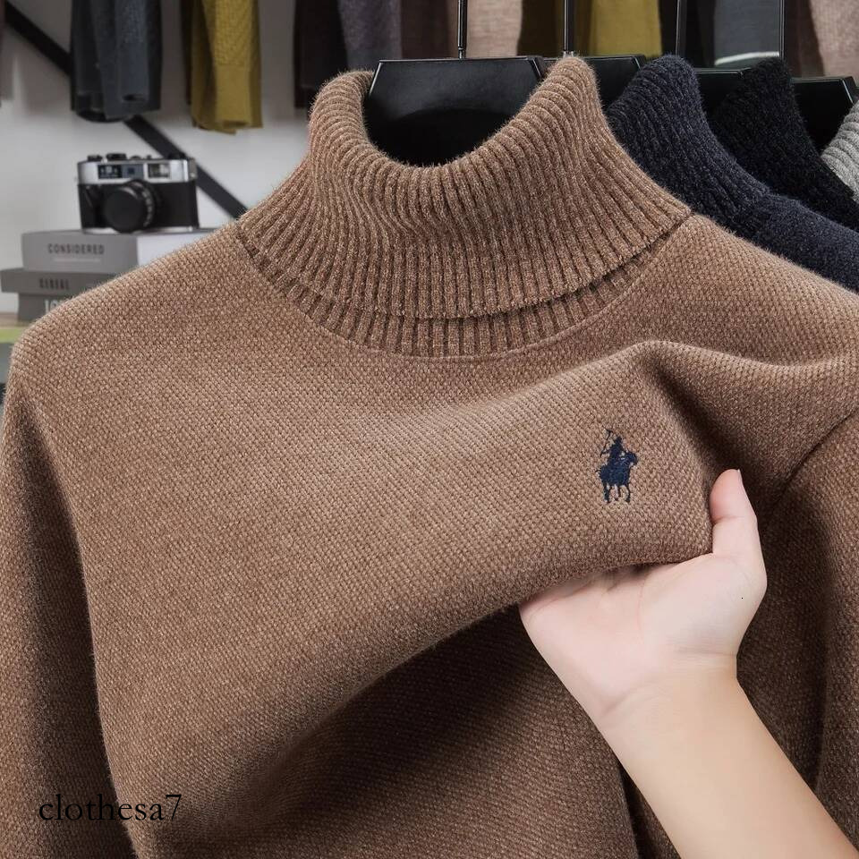 High end brand velvet sweater men's new fashion designer exquisite pony embroidery winter thick warm high neck knitted pullover - view 4