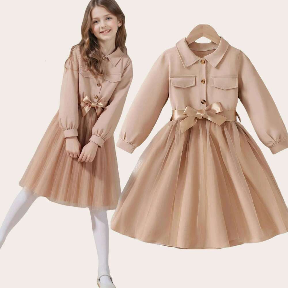 Chic Girls' Long-Sleeve Shirt Dress Knee-Length Outfits for Spring/Fall/Summer Outing Kids Dresses Girls Baby Clothing 4y To 7y Z260304