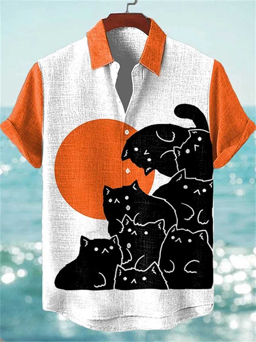 New mens short-sleeved shirt with cartoon cat print casual and breathable loose fit stylish outdoor Hawaiian shirt M260305