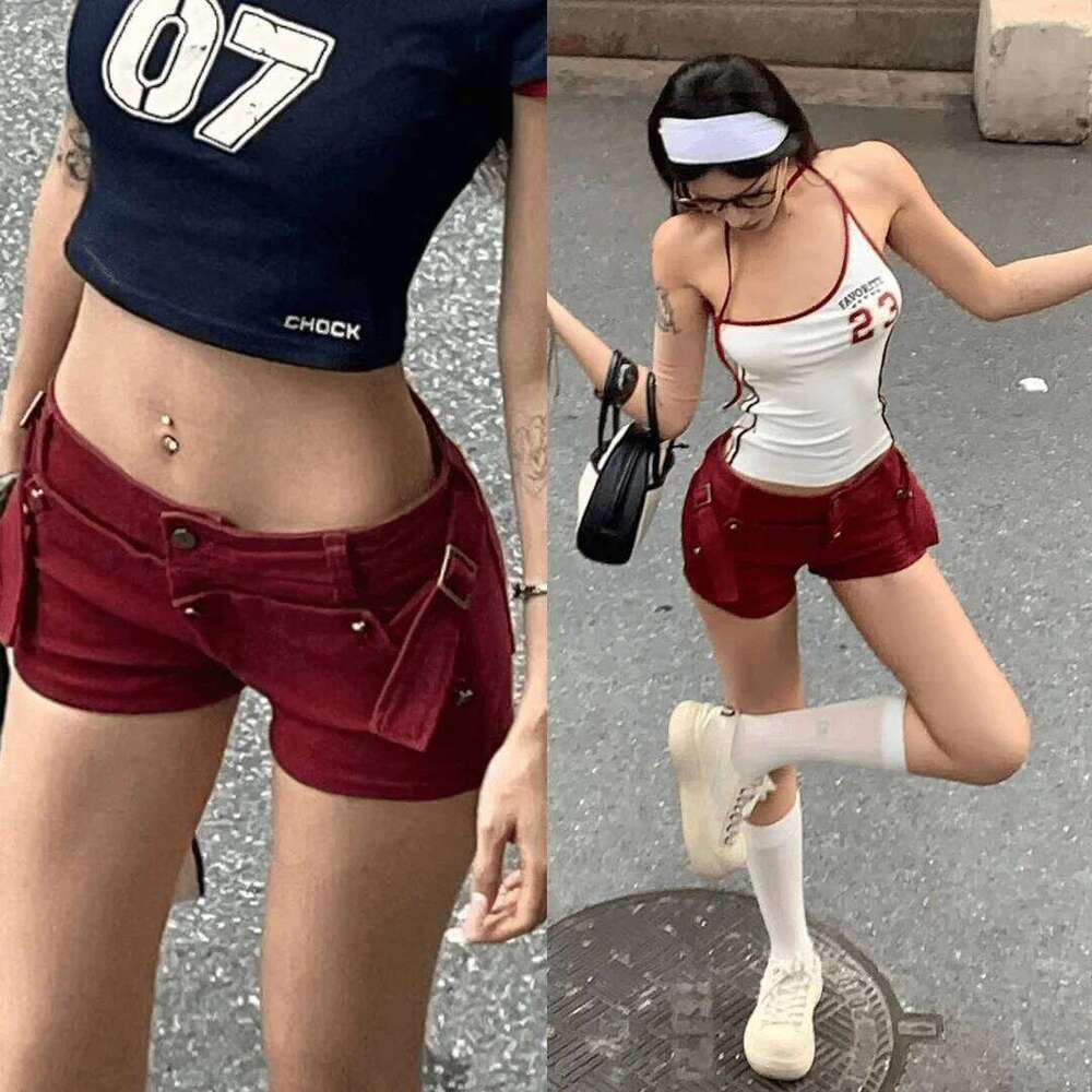 Women's Y2k Low-rise Design Wine Red Denim Ultra Shorts Summer Hot Pants XJ260305