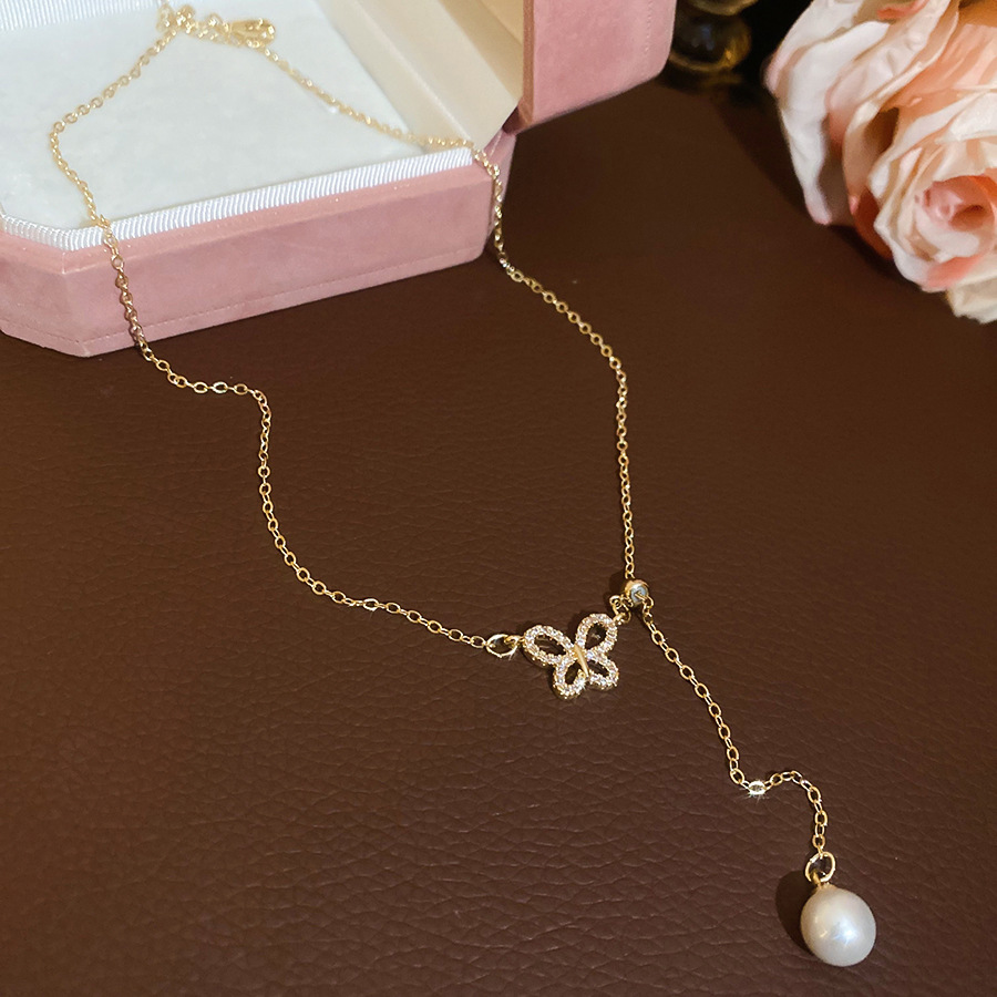 s925 sterling silver butterfly for women, full-diamond elegant best friend pendant, niche forest style shell bead collarbone chain necklace - view 5