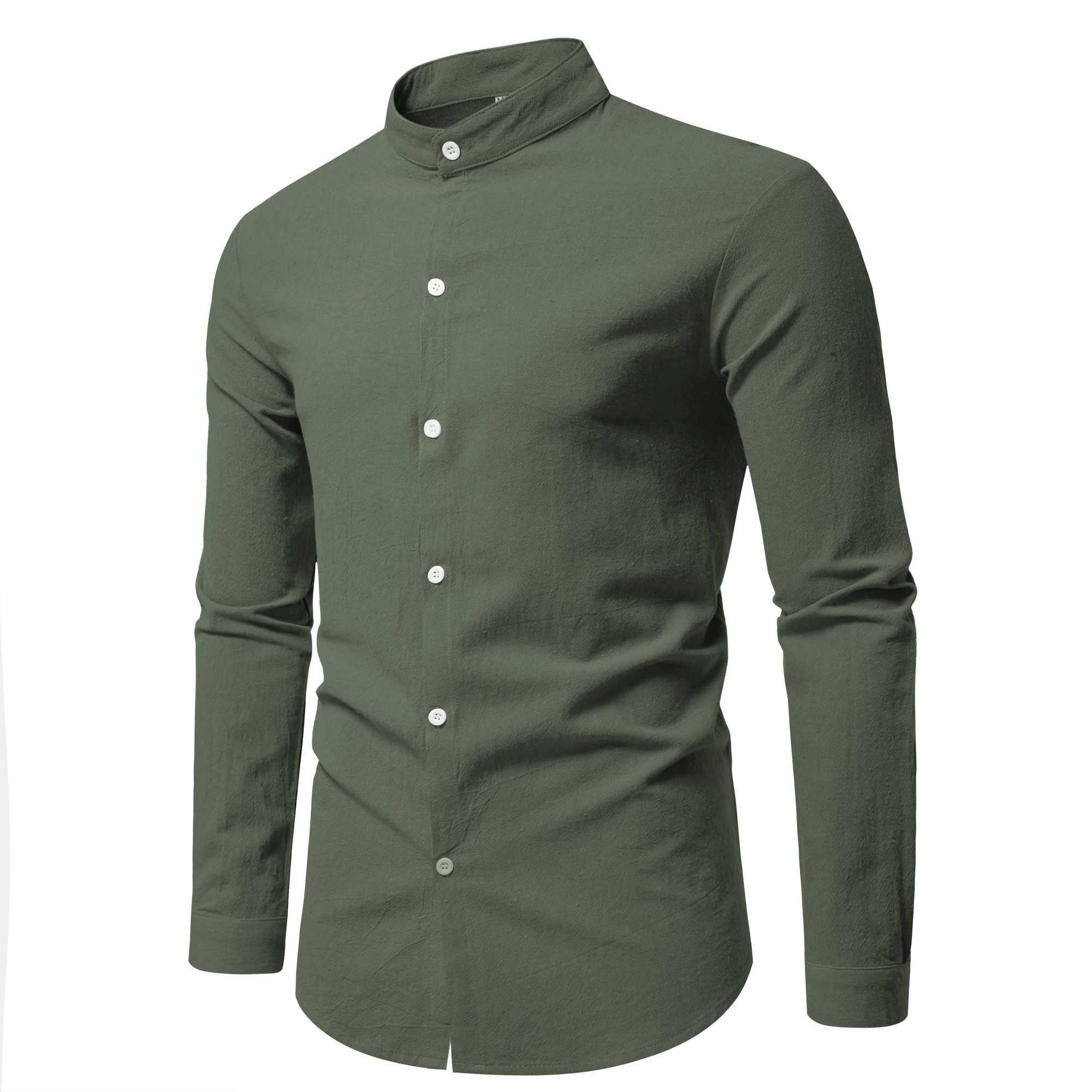 Spring Mens Long Sleeve Stand Collar Solid Color Casual Shirt Mens Pure Cotton Fashion Cardigan M260305