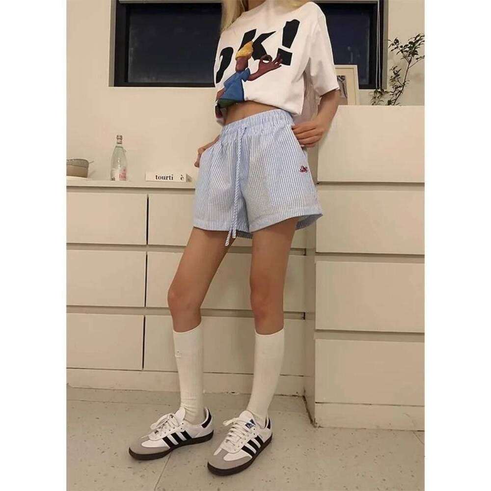 HOUZHOU Y2k Striped for Women Harajuku Blue Baggy Elastic Waist Short Pants Korean Style Casual Fashion Retro Shorts XJ260305
