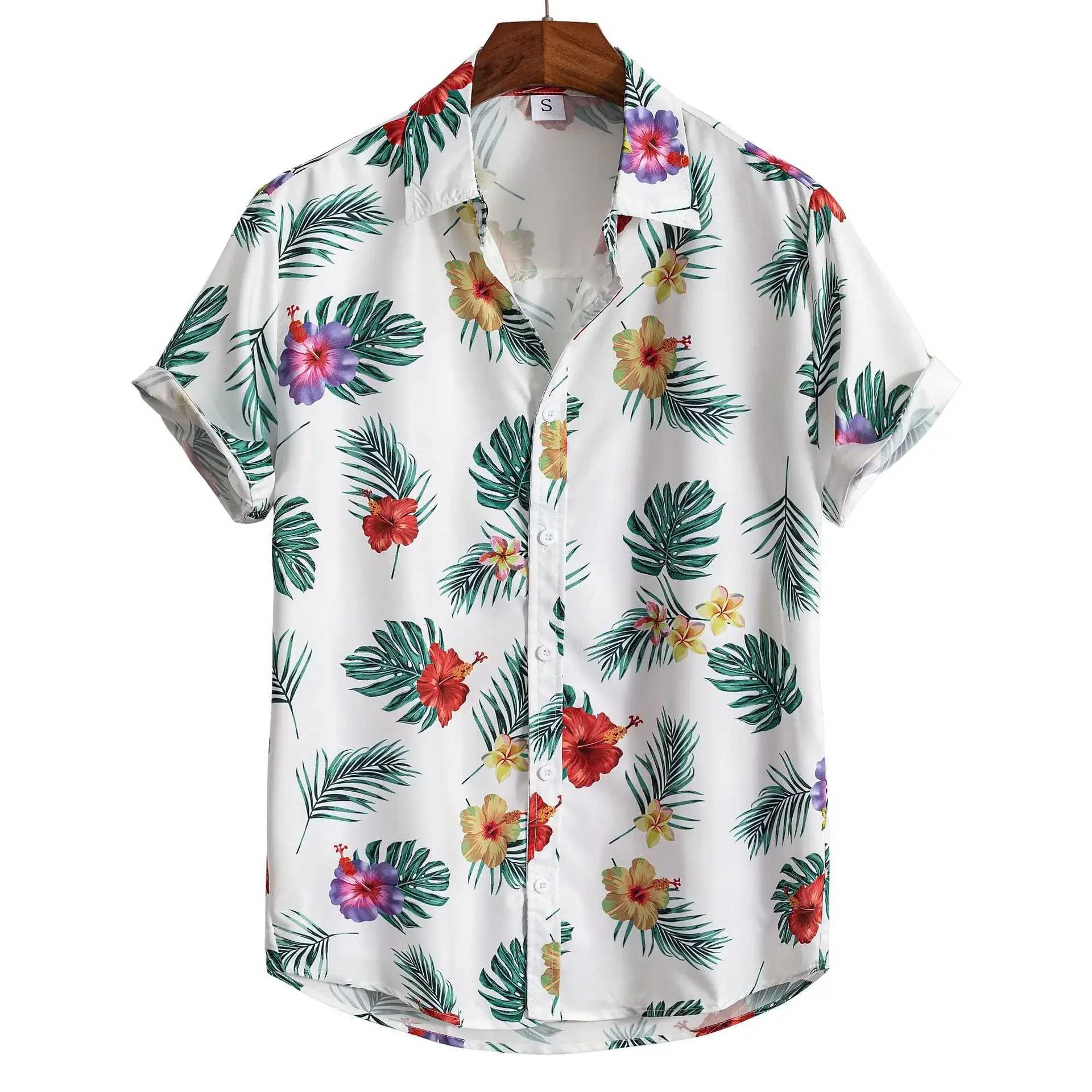 Hawaiian geometric print mens shirts single-cut beach shirts short-sleeved tops mens holiday clothing floral fashion 2026 M260305