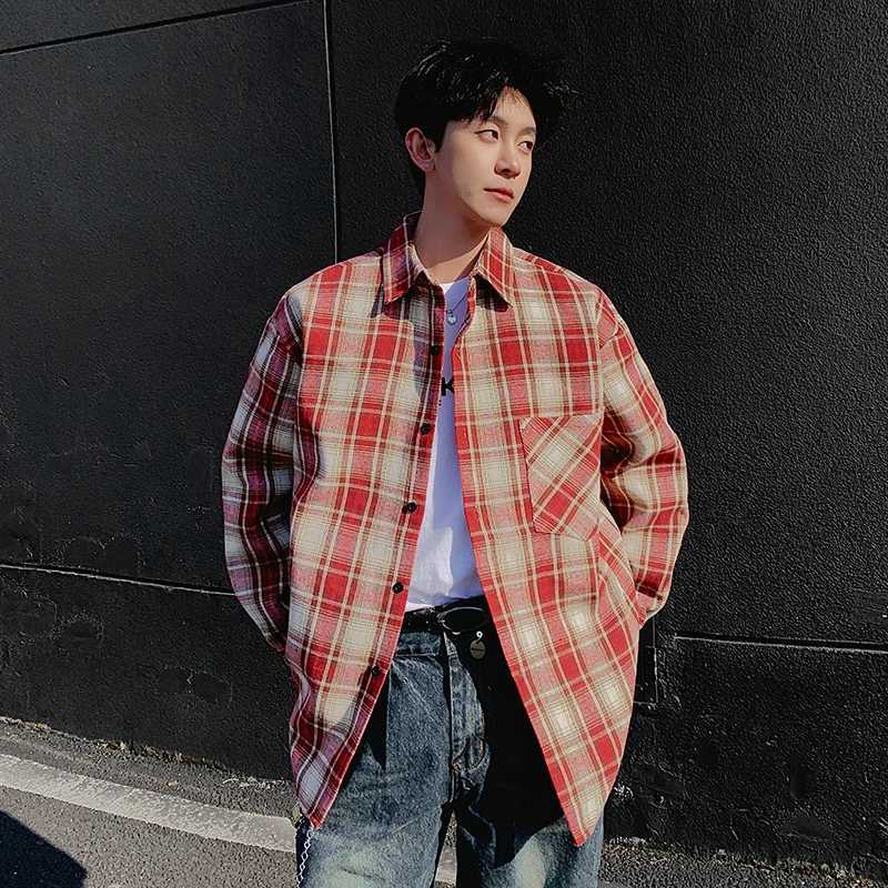 2026 Streetwear Men Plaid Long Sleeve Shirt Spring Autumn Fashion Versatile Outerwear Coat Male American Retro Lapel Shirts Man M260305