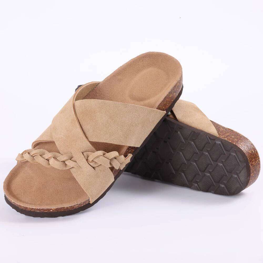 Kidmi New Women's Slides Soft Cork Footbed Comfortable Walking Slip-on Flat Sandals Arch Support Braided Straps Slippers