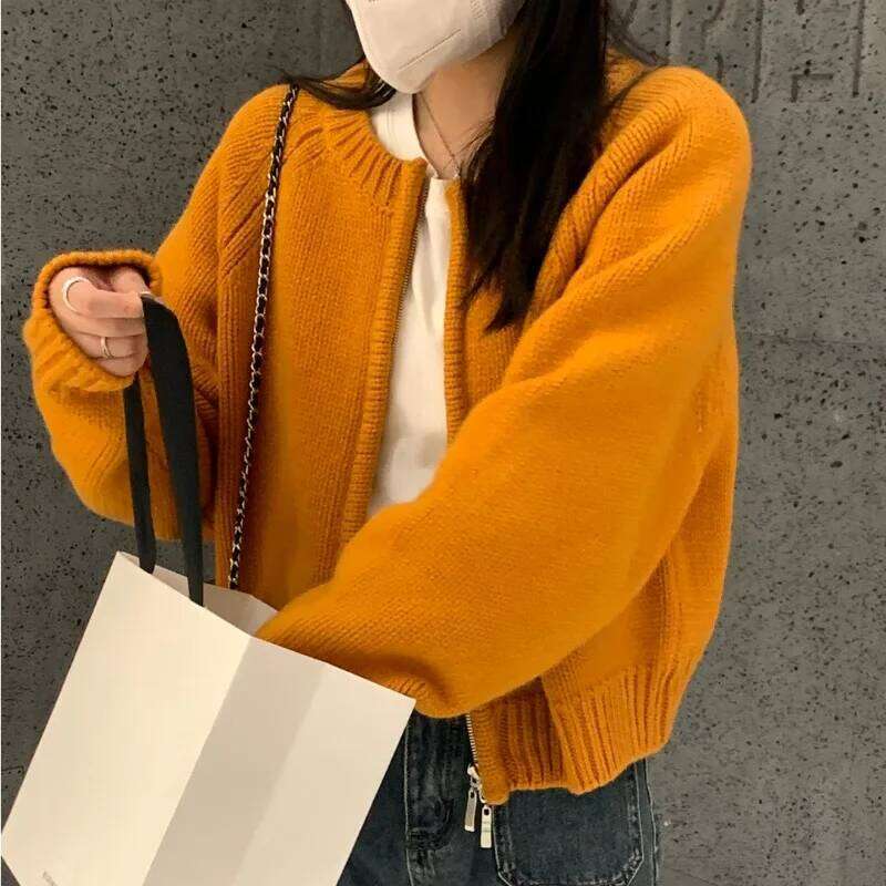Autumn Winter Women's O Neck Zip-Up Knitted Cardigan, Long Sleeve Sweater, Korean Style Chic Casual Fashion XJ260305