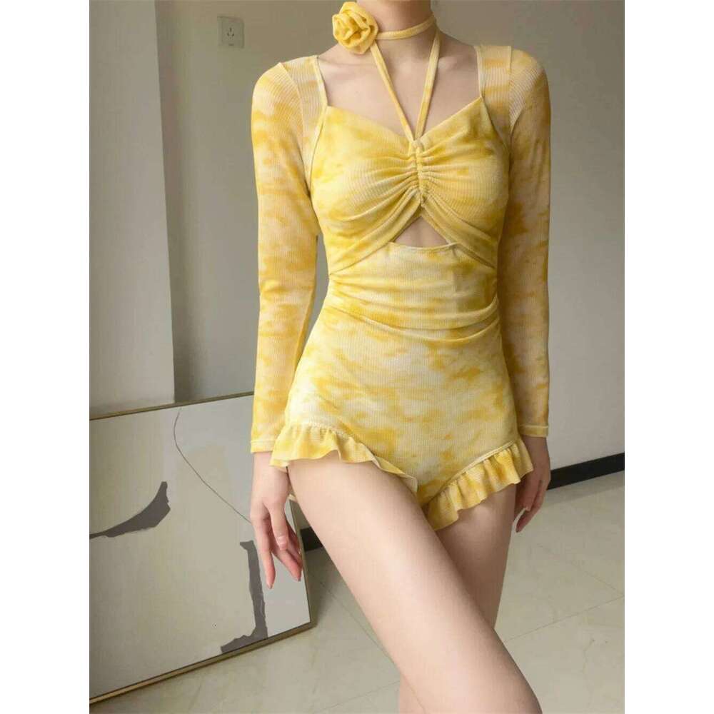 sexy 3D flower Korean fashion conservative swimsuit one piece long sleeve ruffles bikinis hatler bodysuits cute beach outfits Y260303