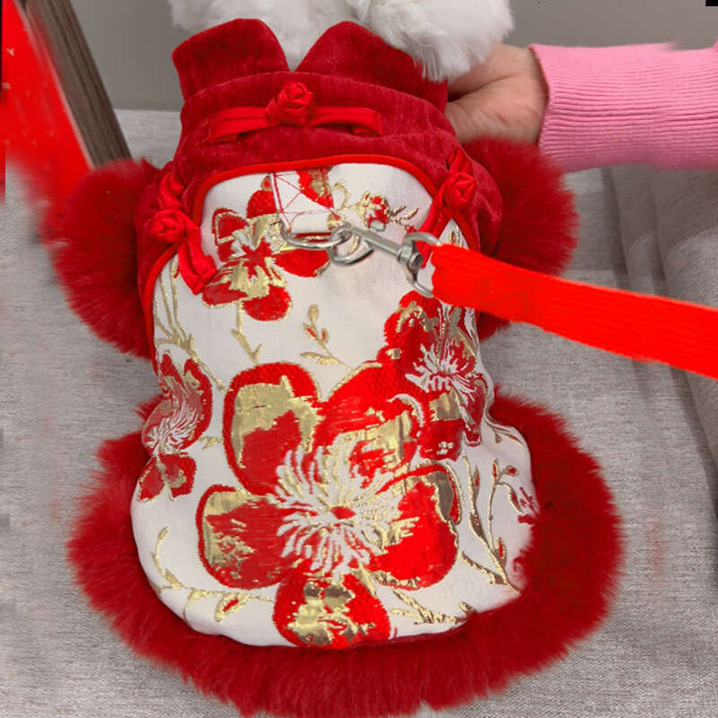 Famous brand New Chinese style rich floral pattern plush pet clothing cats dogs autumn winter apparel and accessories wholesale for foreign trade pupa