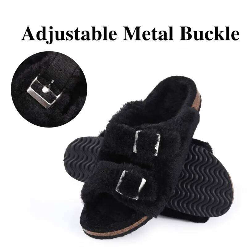 Kidmi Winter New Womens Slippers Arch Support Cork Insole Comfort Slides Fluffy Warm Women's Sandals With Adjustable Buckle
