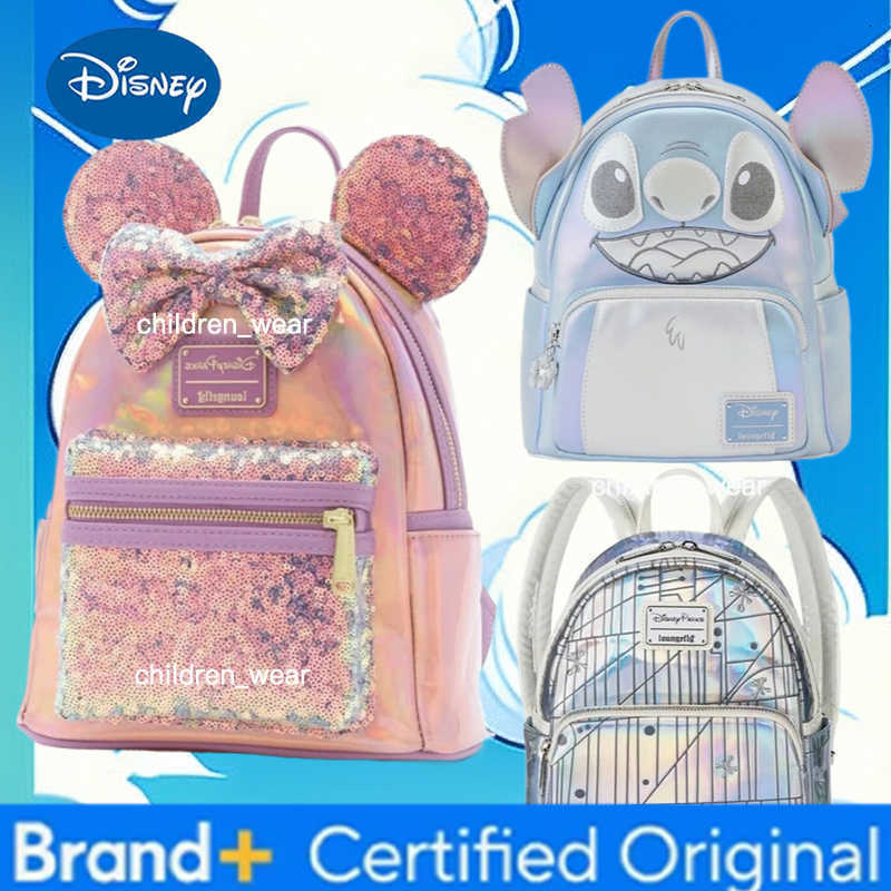 Disney PU Leather Stitch Women Double Shoulder Backpack Donald Goofy Mickey Lady Bags Sequin Schoolbag Handbag Mummy Bag Girls H260305