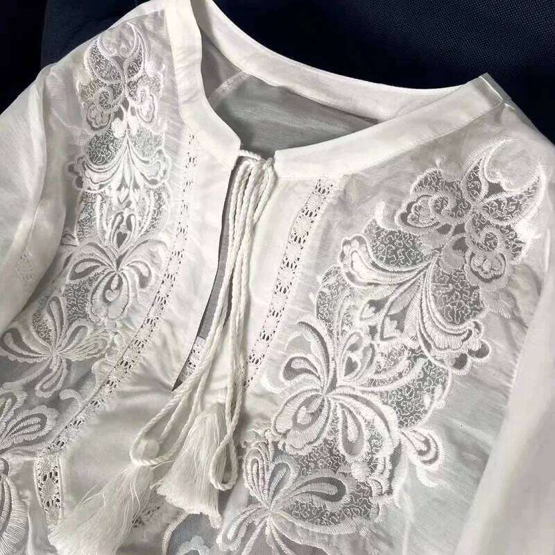 Mardi Hefxessdr Fashion Designer Blouses Spring Tops Women Lurex Embroidery Long Sleeve Casual Loose White Cotton Blouse Chinese style shirt women