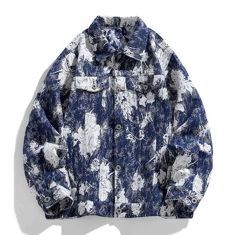 Streetwear Mens Casual Shirt Jacket Trendy Jacquard Coat Oil Painting Effect Hong Kong Style Retro Workwear Outerwear M260305