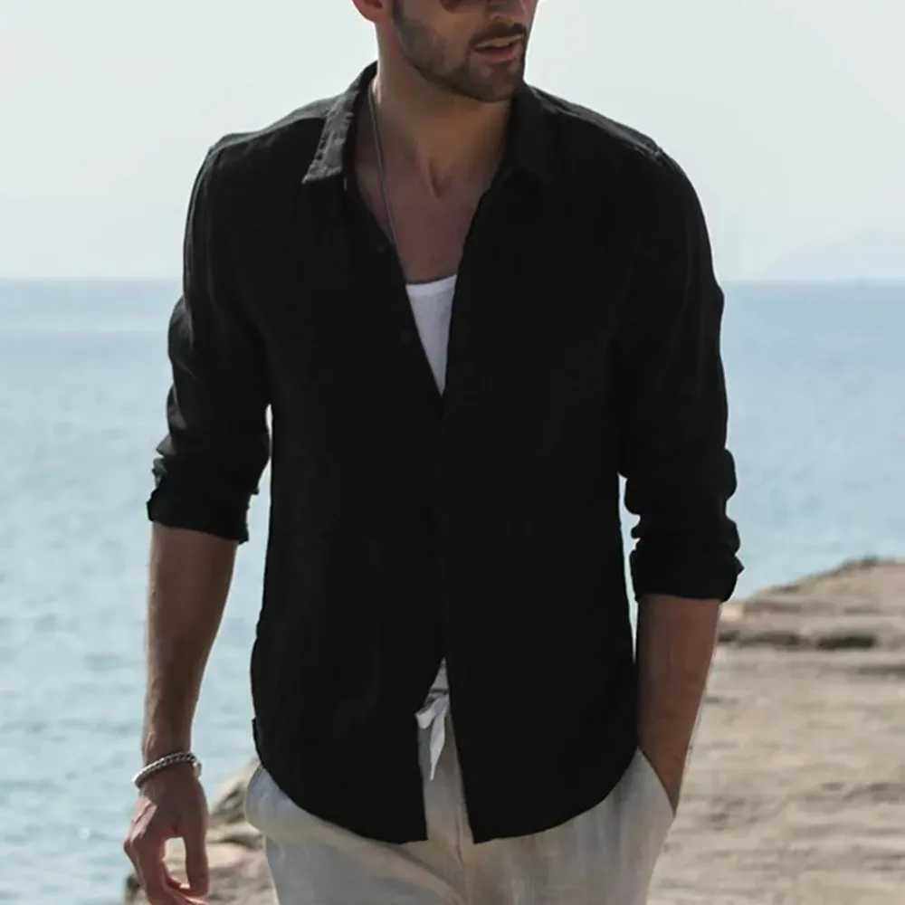 Summer Mens Solid Fashion Versatile Shirt Beach Cotton Linen Shirts Men Long Sleeved Cardigan Tops Turn Down Collar Slim Fit M260305