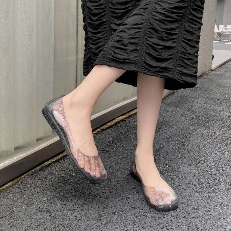 Leisure Jelly Shoes Woman Summer Flat Sandals Soft PVC Bling Transparent Color Square Toe Female Home Street Flats Big Size 42