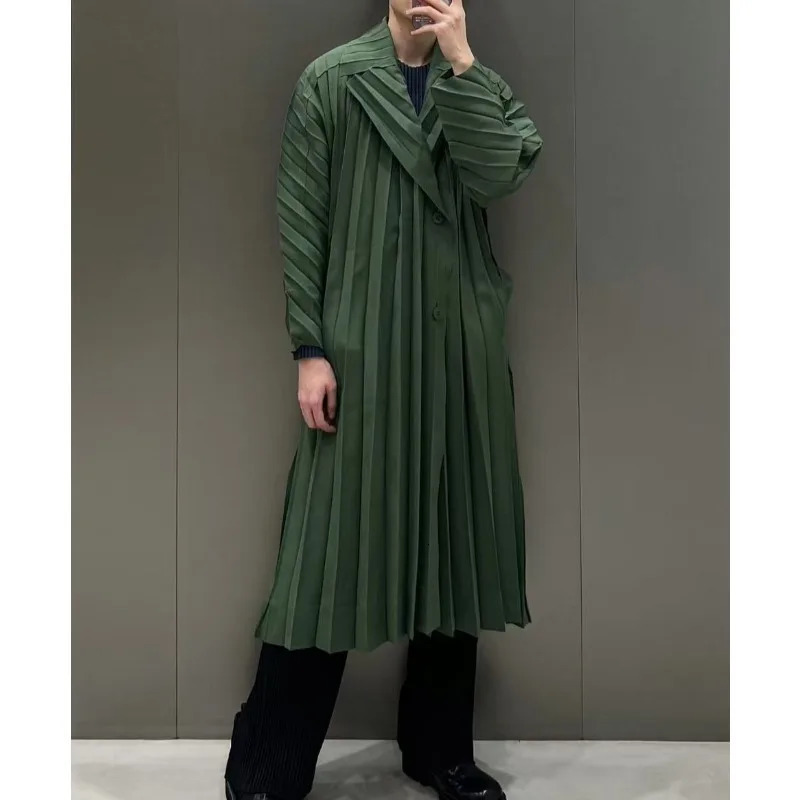 Japan Pleated Mens Trench Coat Miyake Fall Winter Loose Drape Casual British Style Mediumlength Jacket WrinkleFree 260302