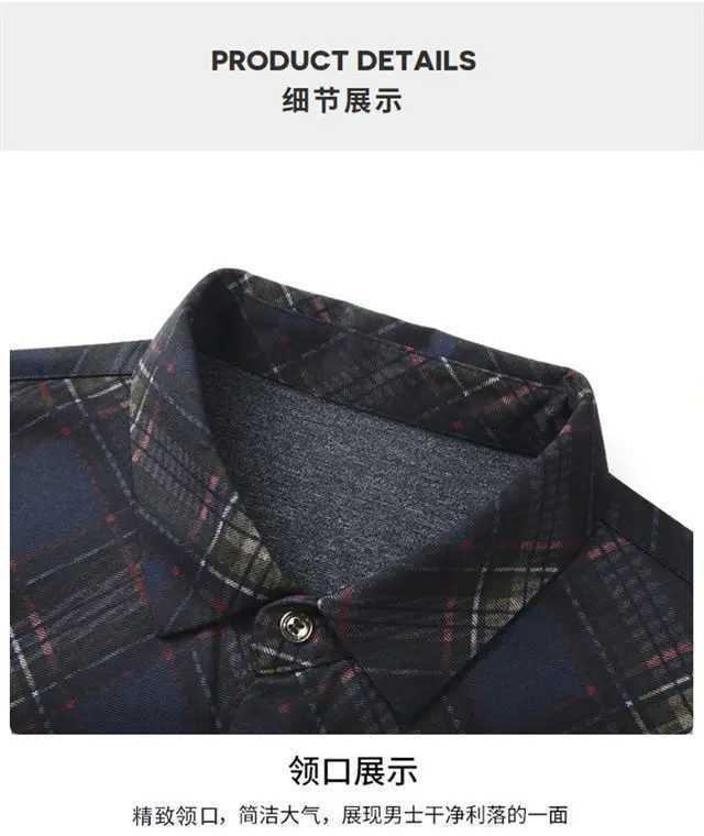 Mens Long-sLeeved Shirt Middle-aged Large-size Square Collar Plaid Pocket Fashionable Casual and Free Ironing M260305