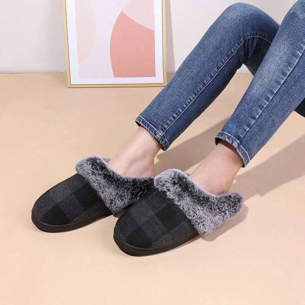 Kidmi Indoor Lattice Wool Comfortable Warm Fleece Winter Non-slip Thickened Home Cotton Slippers
