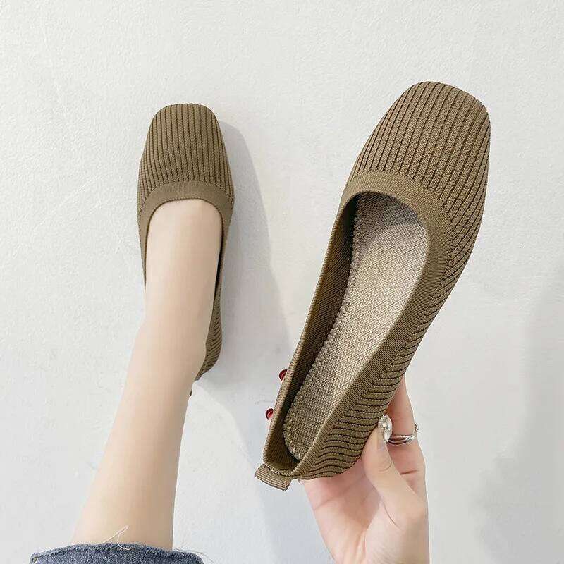 Women Leisure Flats Summer Autumn Flat Shoes Breathable Knitted Square Toe Slip-on Female Daily Walking Driving Loafers