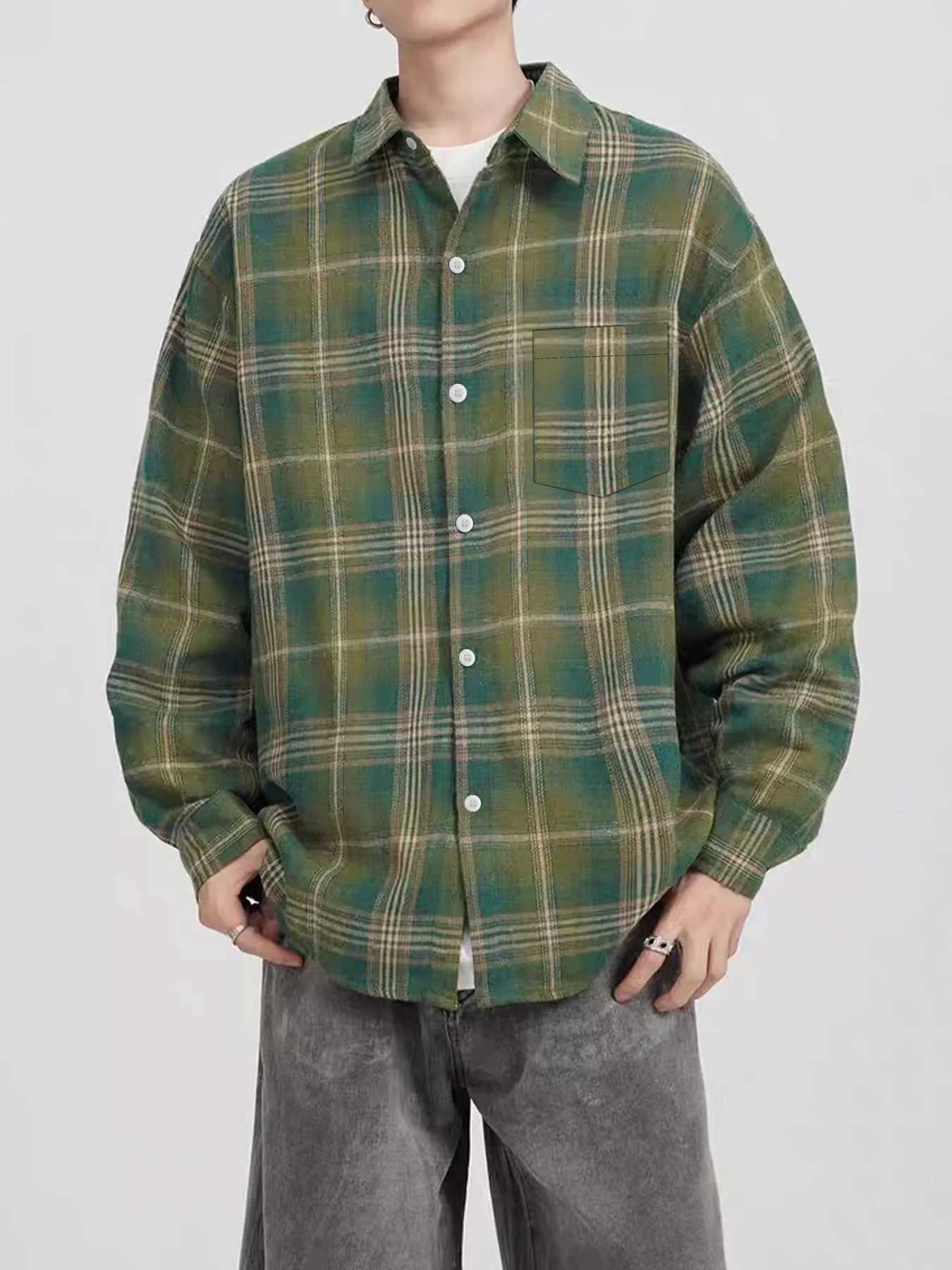 American-style autumn vintage mens shirt new casual spring and autumn plaid trendy versatile long-sleeve shirt M260305