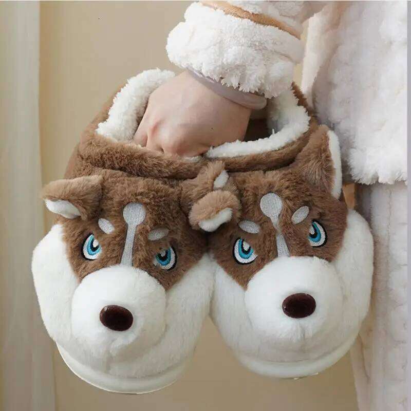 Women Indoor Cotton Slippers Cute Cartoon Dog Winter Warm Shoes Couples Home Floor Slides Anti-slip Female Male House Footwear