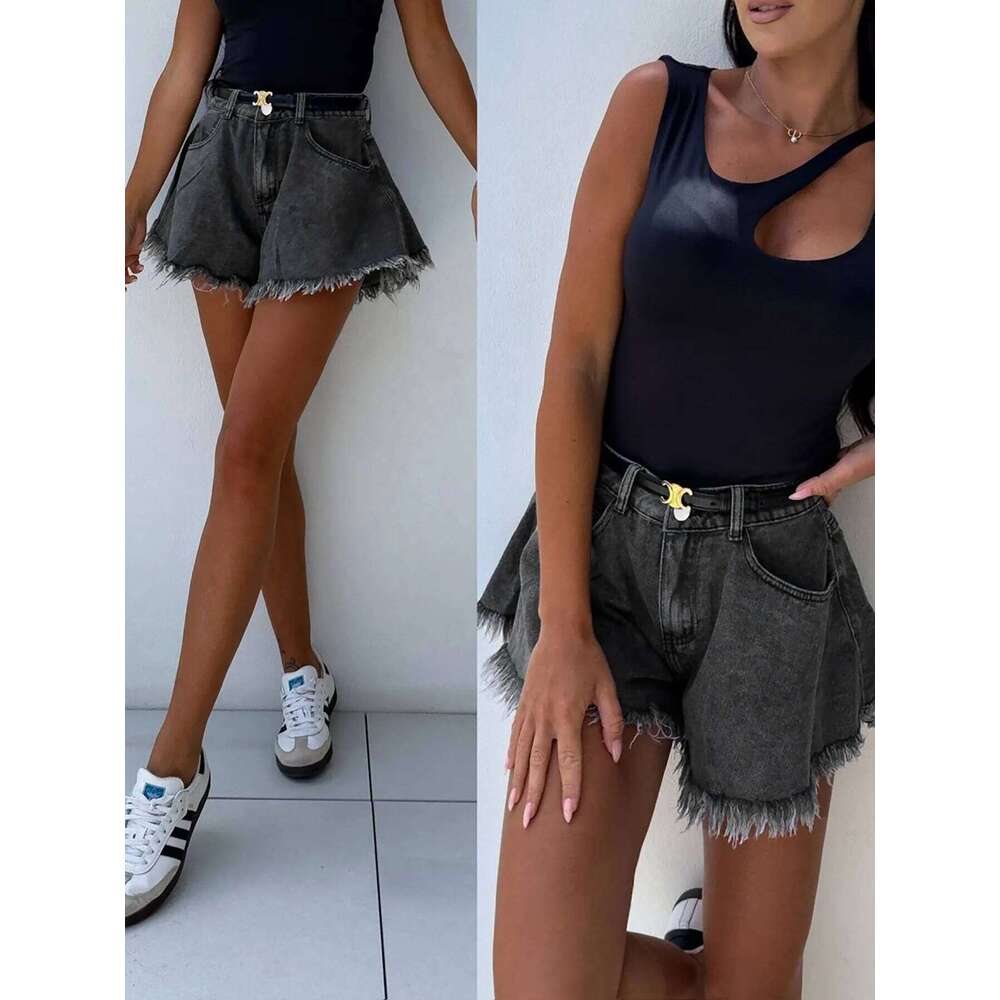 high-waisted umbrella black denim shorts women XJ260305