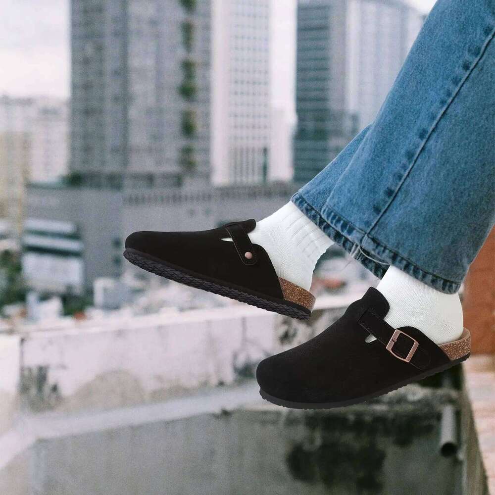 Kidmi Trendy Clogs For Women Slippers Suede Mules Men Cork Footbed Home Sandals with Arch Support Fashion Leather Potato Shoes