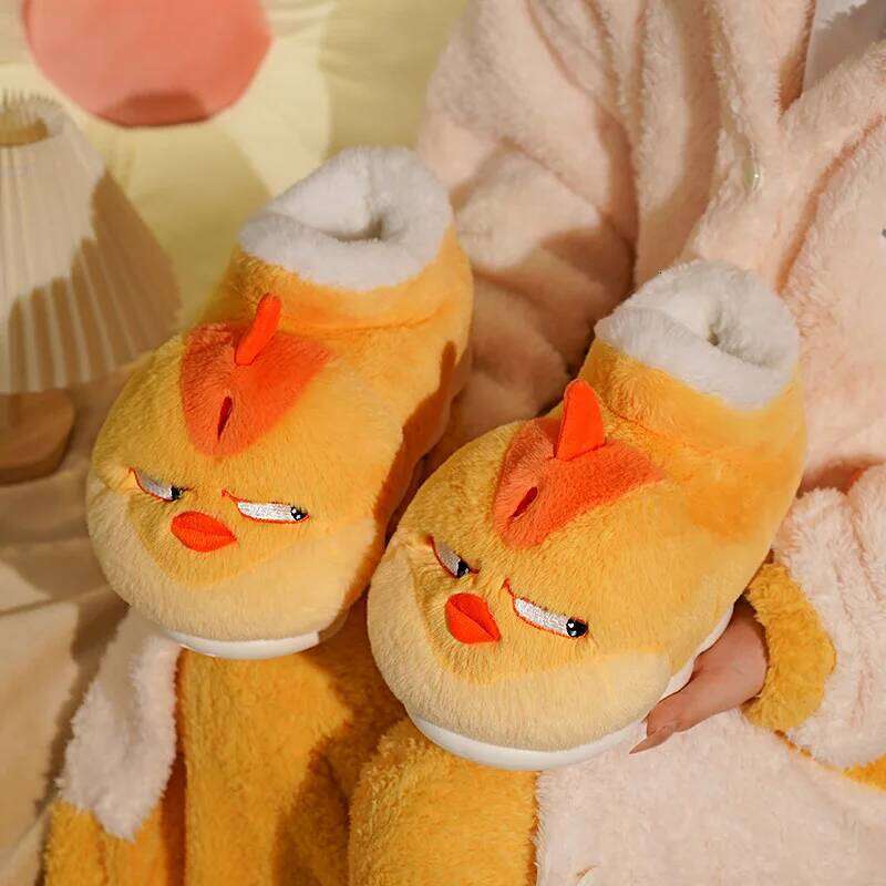 New Cute Cartoon Indoor Slippers For Women Men Funny Yellow Chicken Winter Warm Fluffy Shoes Couples Home Floor Snoot Boots