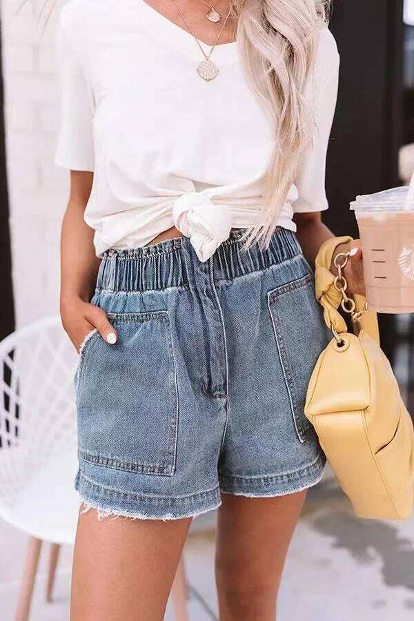 Elastic Waist Washed Loose Denim Shorts. New Summer Fashion and Temperament Pocket Insertion Casual High-waisted Short Jeans XJ260305