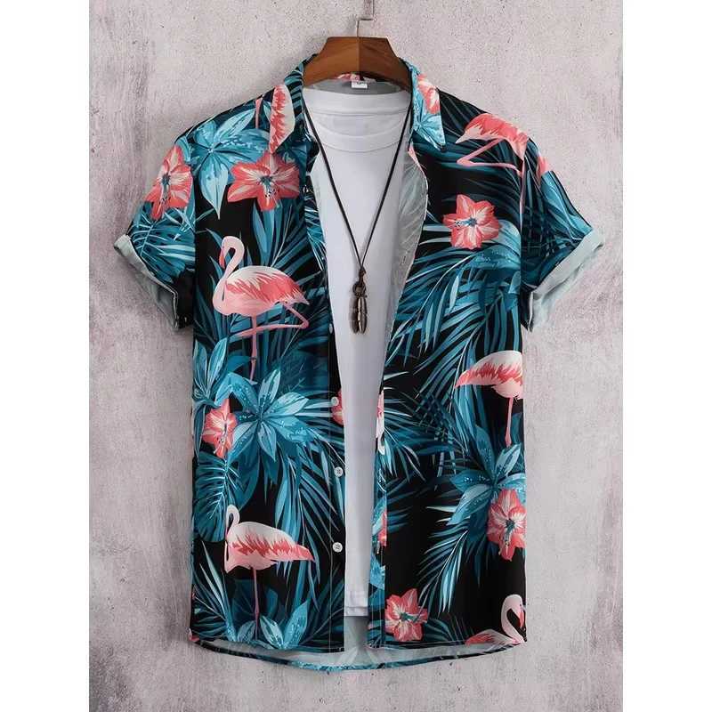 Hawaiian geometric print mens shirts single-cut beach shirts short-sleeved tops mens holiday clothing floral fashion 2026 M260305