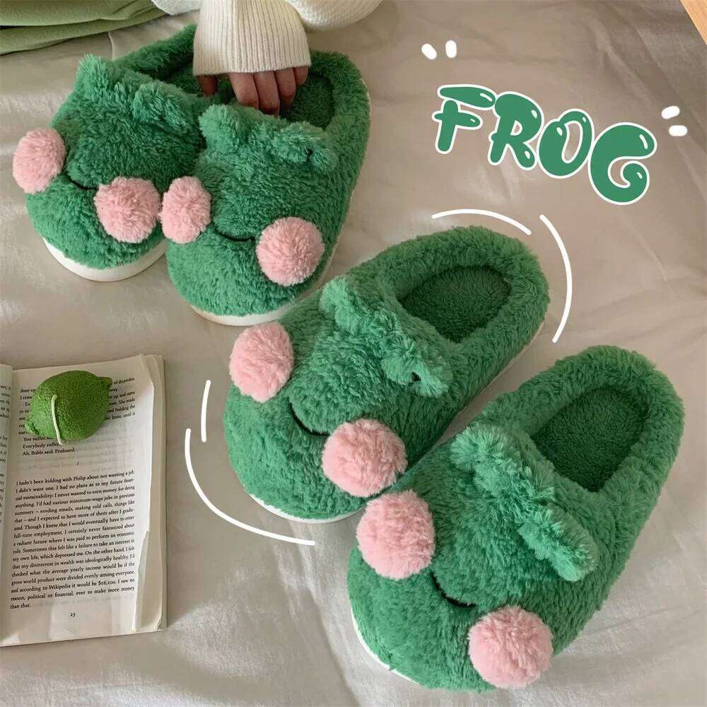 Cute Cartoon Frog Cotton Slippers Women Men Winter Warm Shoes Soft Fur Thick Sole Anti-slip Couples Indoor Home Floor Slides