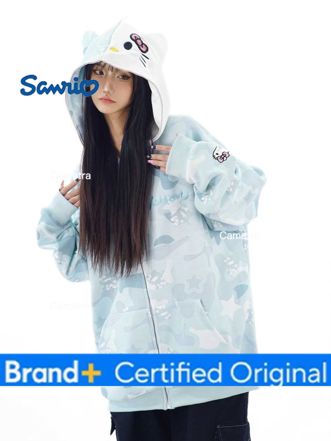 Sanrio Cotton American-style vintage camouflage cardigan, Kitty Cat hoodie, women's loose and lazy style oversized coat H251120