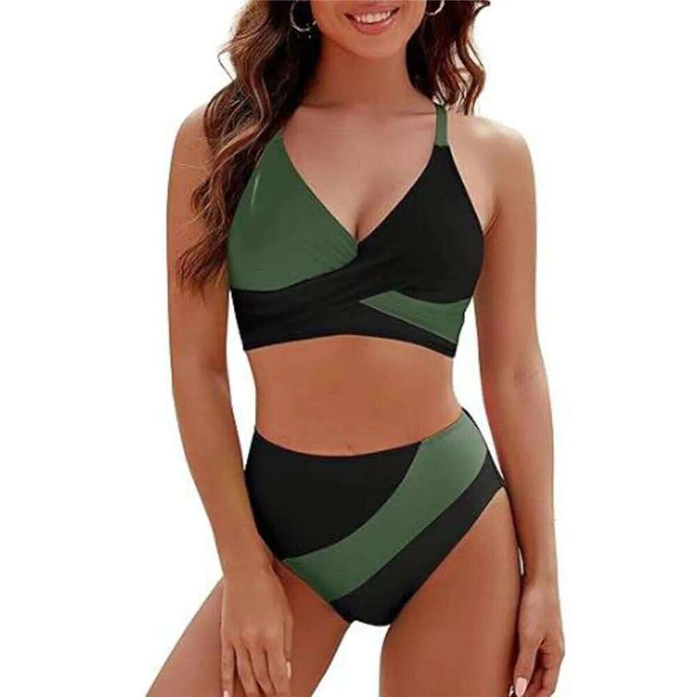 2 Pieces Bikini Set Patchwork V-Neck Sleeveless Tops Thong Bottoms Beach Bathing Suit for Women Y260303