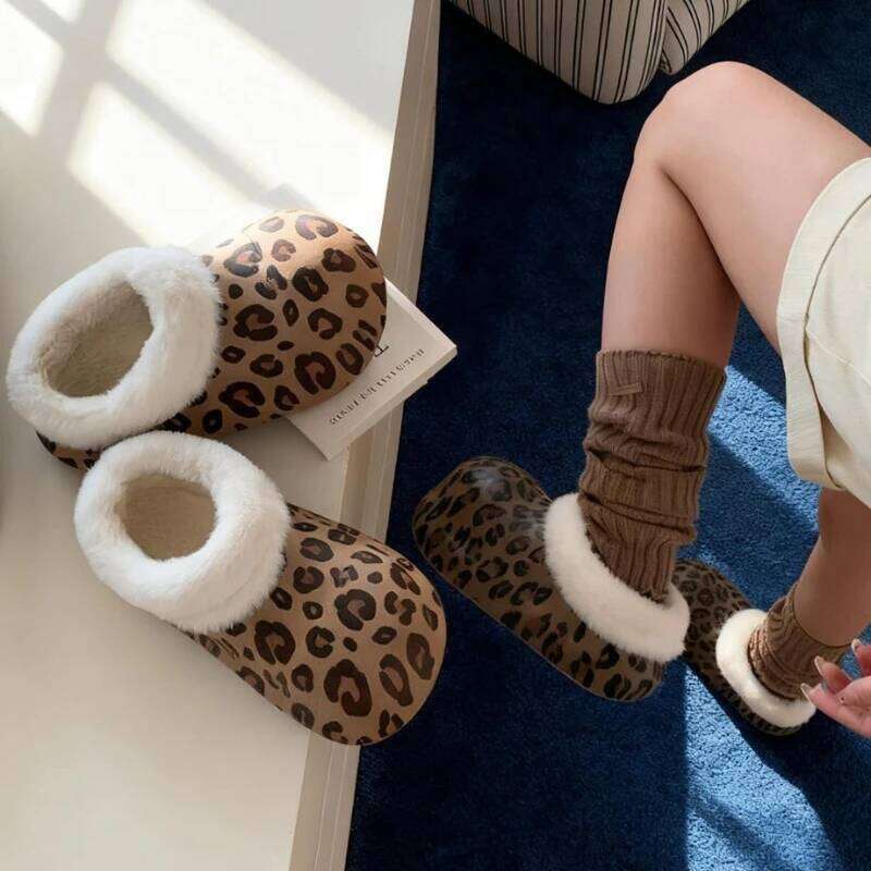 Fashion Leopard Style Waterproof Platform Slippers For Women Indoor Street Fluffy Shoes Warm Faux Fur Soft EVA Girls Home Slides