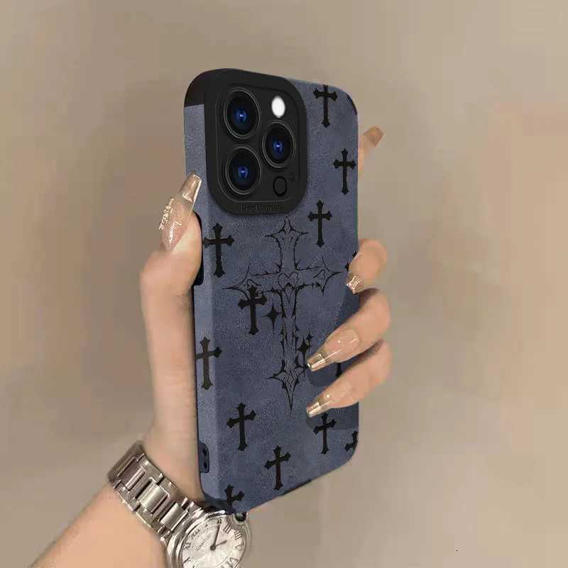 Black Cross Lambskin Leather Case For iPhone 17 Pro Max Air 16 16e 15 14 13 12 11 Pro Max Plus X XS MAX XR | Shockproof Protective CoverT260305